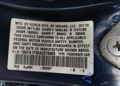 2010 Honda Civic Lx z USA, uszkodzony, nr VIN 19XFA1F50AE076665